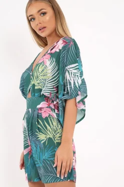 Rebellious Fashion Green Tropical Kimono Sleeve Playsuit - Suzy