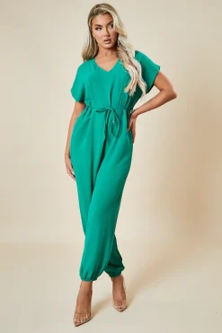 Rebellious Fashion Green V-Neck Oversized Tie Detail Jumpsuit - Sammie