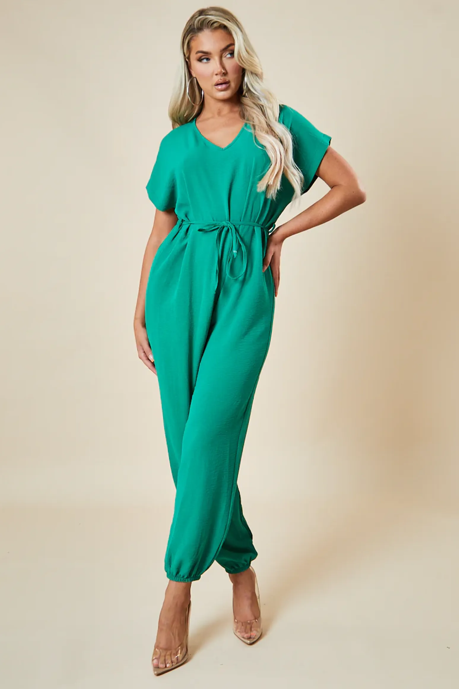 Rebellious Fashion Green V-Neck Oversized Tie Detail Jumpsuit - Sammie