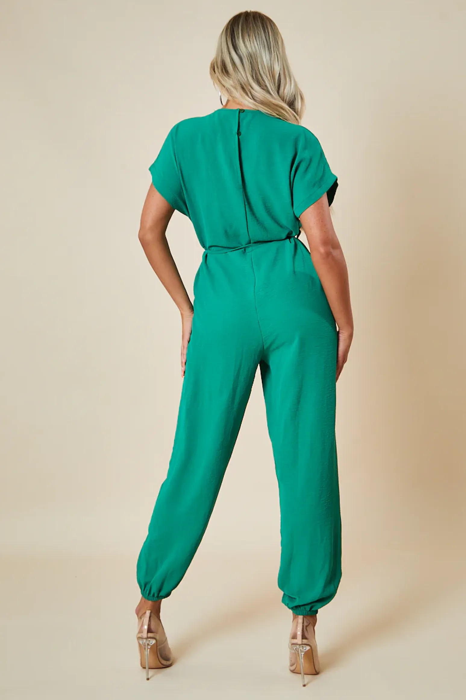 Rebellious Fashion Green V-Neck Oversized Tie Detail Jumpsuit - Sammie