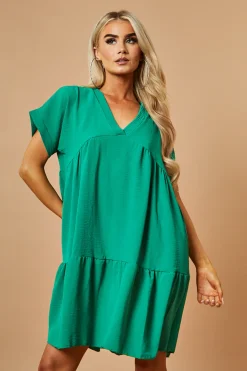 Rebellious Fashion Green V-Neck Tiered Frill Mini Dress - Kate