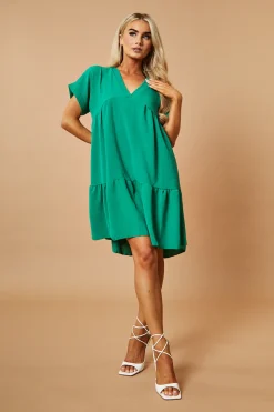 Rebellious Fashion Green V-Neck Tiered Frill Mini Dress - Kate