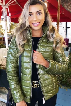 Rebellious Fashion Green Wet Look Puffer Coat - Soph