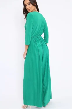 Rebellious Fashion Green Wrap Front Plisse Leg Jumpsuit - Haiden