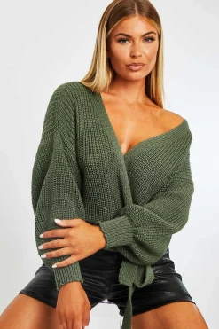 Rebellious Fashion Green Wrap Tie Details Cardigan - Lucy