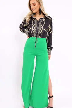 Rebellious Fashion Green Zip Front High Waisted Flare Trousers - Gerta
