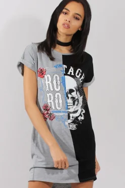 Rebellious Fashion Grey and Black Slogan Print T-Shirt Dress - Harrlet