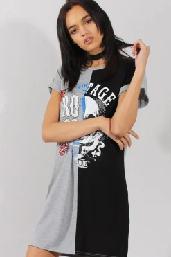 Rebellious Fashion Grey and Black Slogan Print T-Shirt Dress - Harrlet