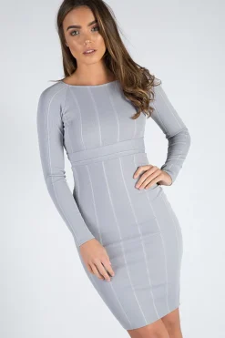 Rebellious Fashion Grey Bandage Bodycon Buckle Detail Midi Dress - Ella