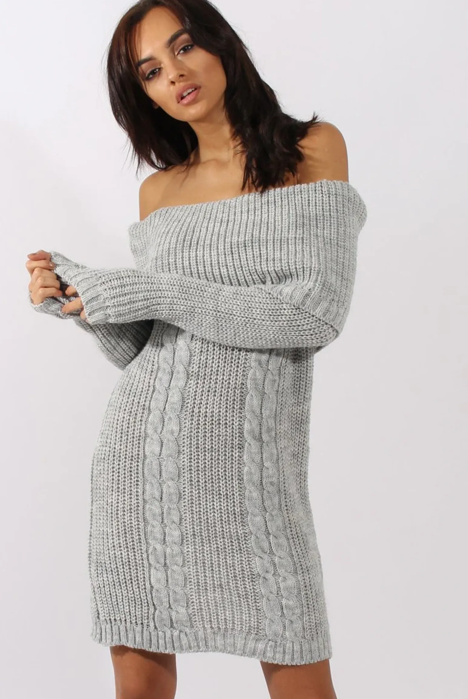 Rebellious Fashion Grey Bardot Heavy Knit Jumper Dress - Suzy