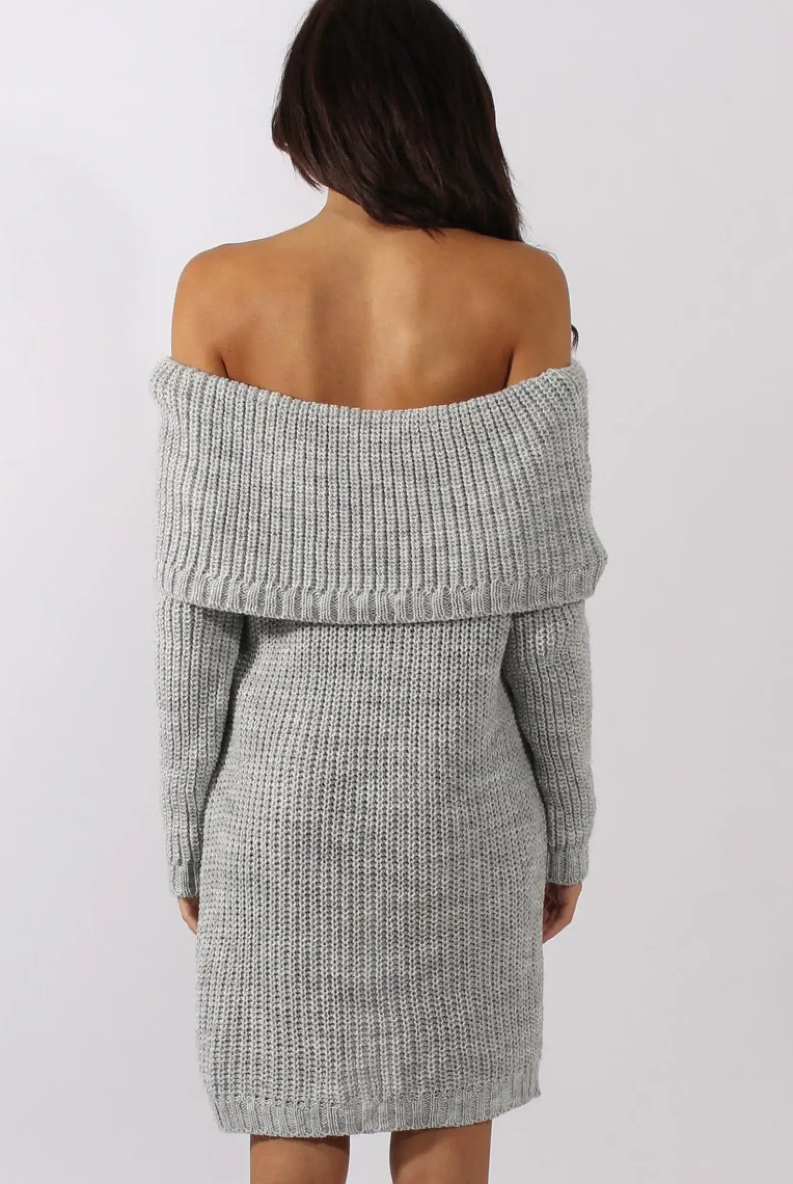 Rebellious Fashion Grey Bardot Heavy Knit Jumper Dress - Suzy