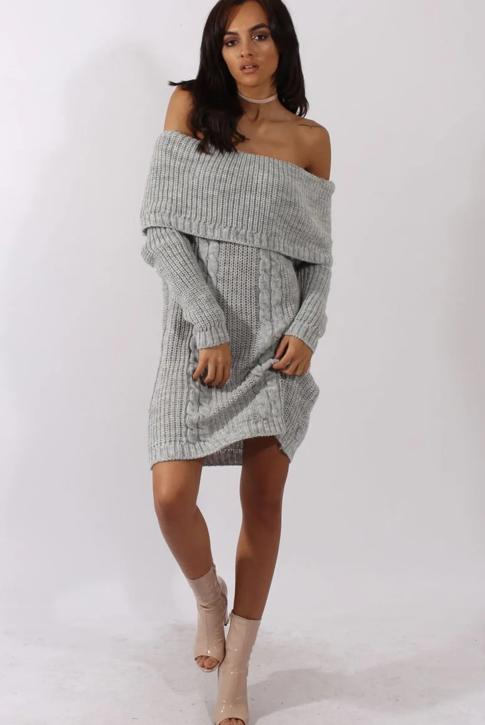 Rebellious Fashion Grey Bardot Heavy Knit Jumper Dress - Suzy