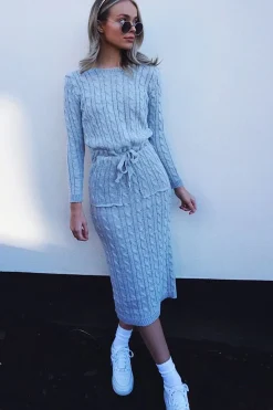 Rebellious Fashion Grey Cable knit Drawstring Waist Maxi Jumper Dress - Julee