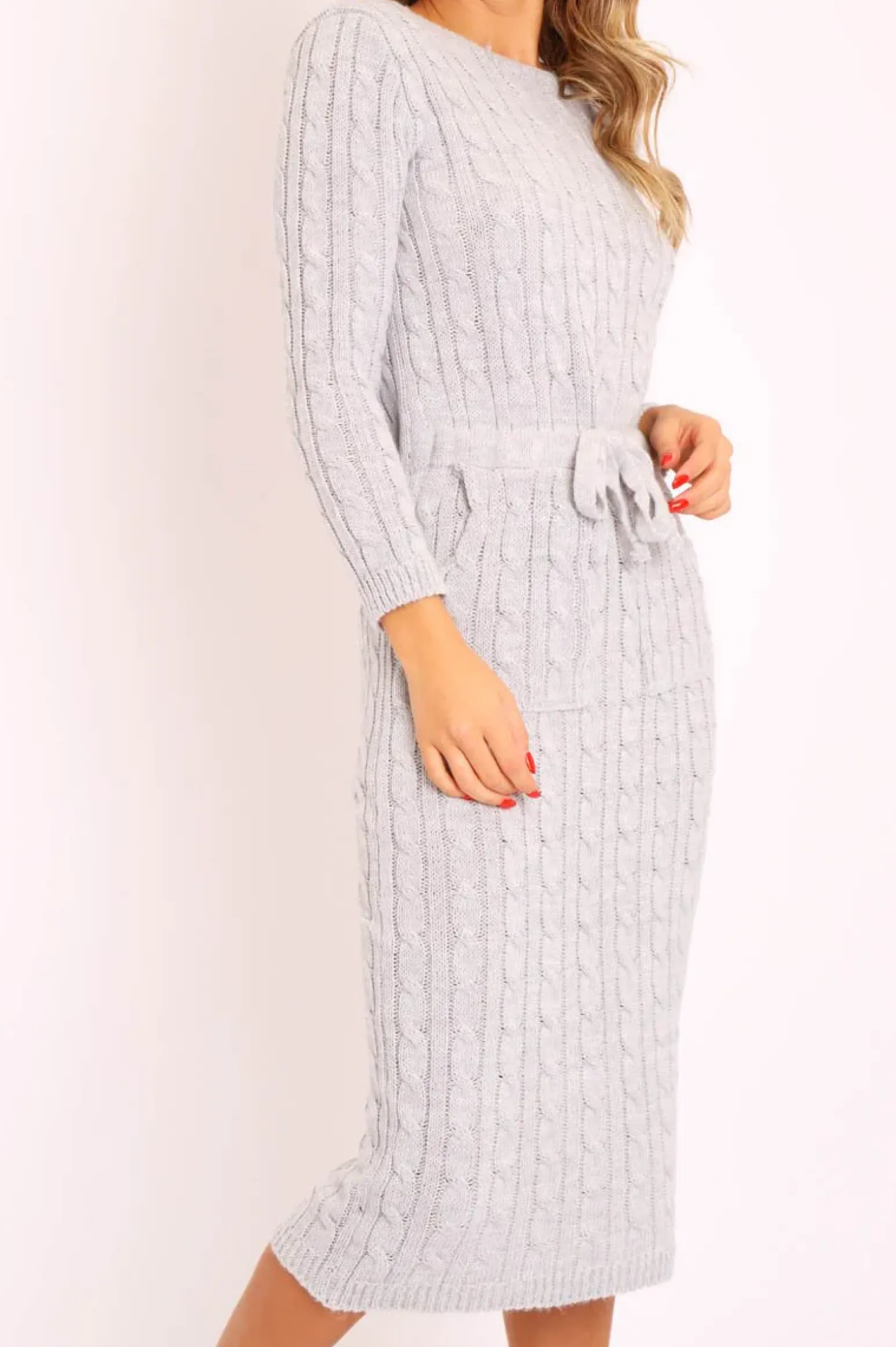 Rebellious Fashion Grey Cable knit Drawstring Waist Maxi Jumper Dress - Julee