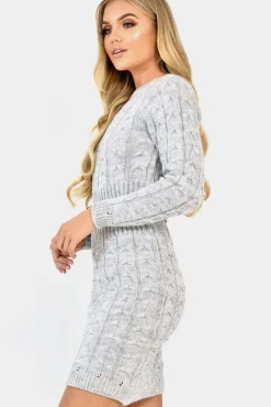 Rebellious Fashion Grey Cable Knit Jumper Midi Dress - Jaylie