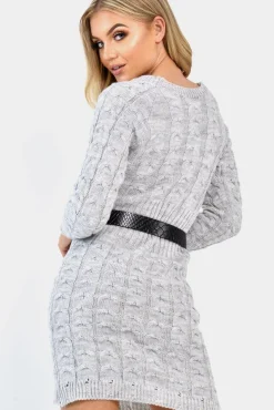 Rebellious Fashion Grey Cable Knit Jumper Midi Dress - Jaylie