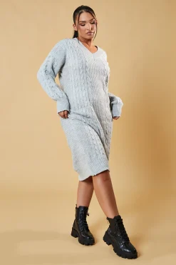 Rebellious Fashion Grey Cable Knit Oversized Midi Dress - Maple