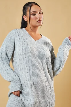 Rebellious Fashion Grey Cable Knit Oversized Midi Dress - Maple