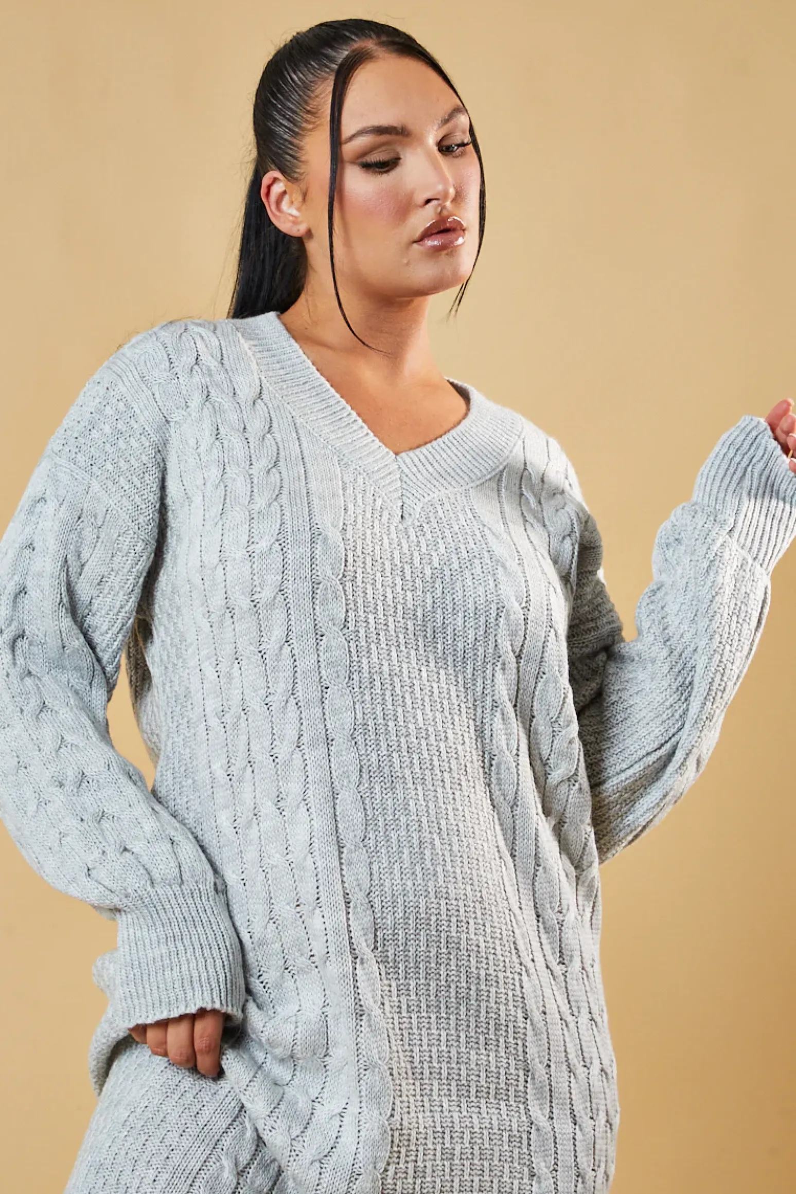Rebellious Fashion Grey Cable Knit Oversized Midi Dress - Maple