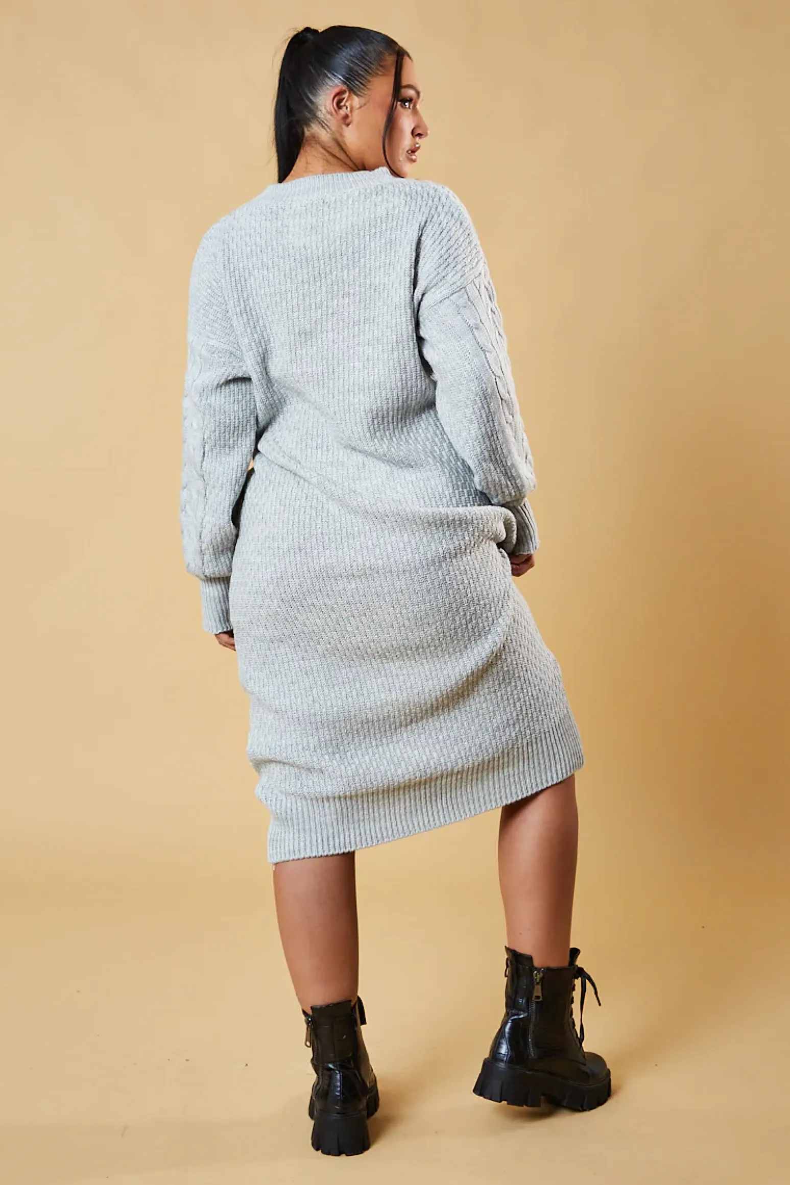Rebellious Fashion Grey Cable Knit Oversized Midi Dress - Maple