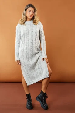 Rebellious Fashion Grey Cabled Knit Oversized Midi Dress - Susan