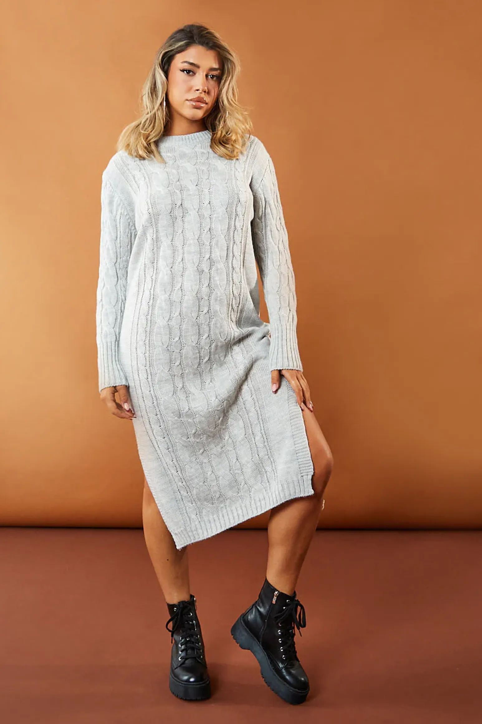 Rebellious Fashion Grey Cabled Knit Oversized Midi Dress - Susan