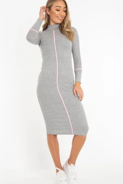 Rebellious Fashion Grey Contrast Stripe Detail High Neck Midi Dress - Niana