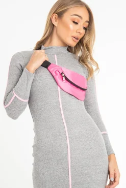 Rebellious Fashion Grey Contrast Stripe Detail High Neck Midi Dress - Niana