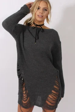Rebellious Fashion Grey Distressed Jumper Dress - Kim