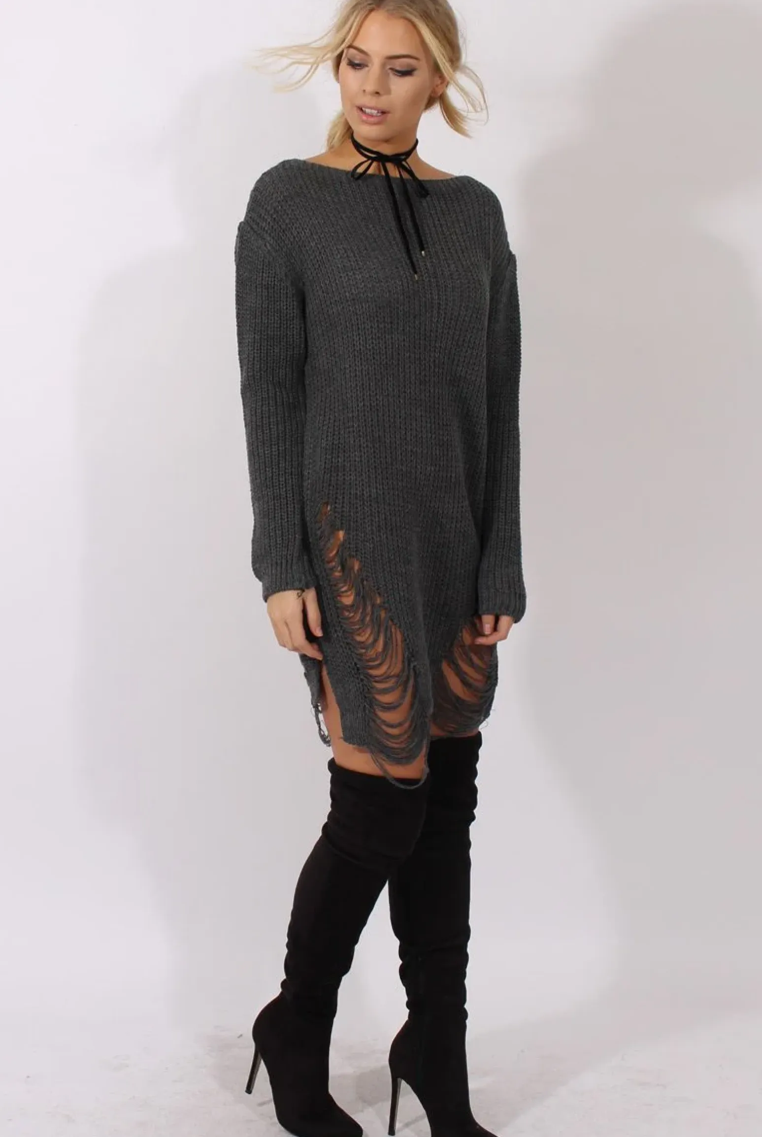 Rebellious Fashion Grey Distressed Jumper Dress - Kim