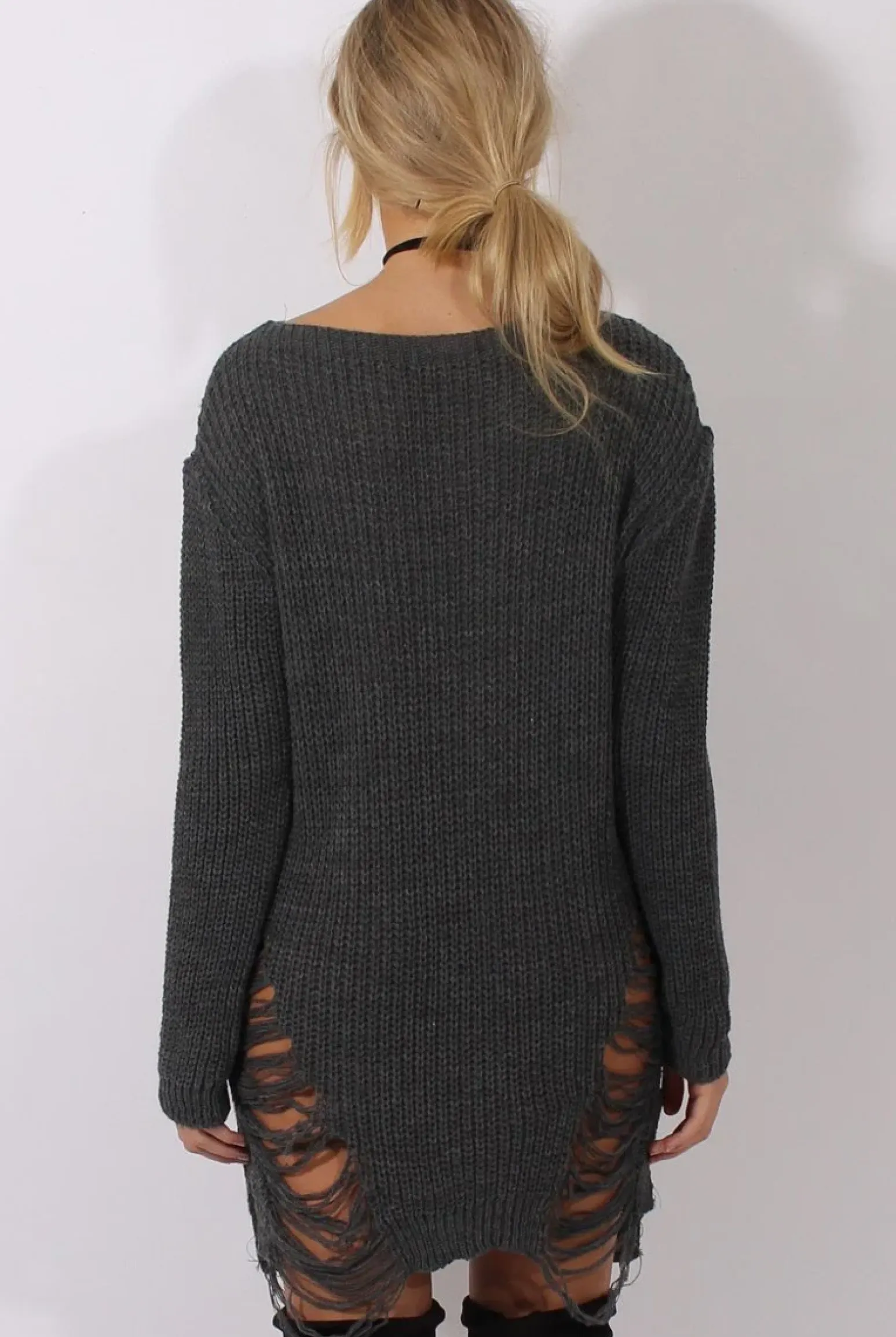Rebellious Fashion Grey Distressed Jumper Dress - Kim
