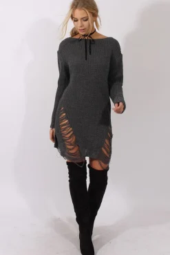 Rebellious Fashion Grey Distressed Jumper Dress - Kim