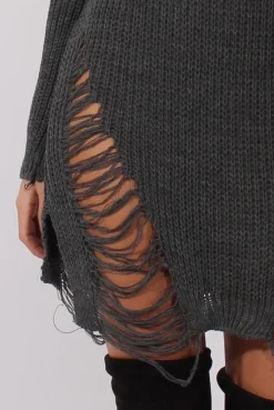 Rebellious Fashion Grey Distressed Jumper Dress - Kim