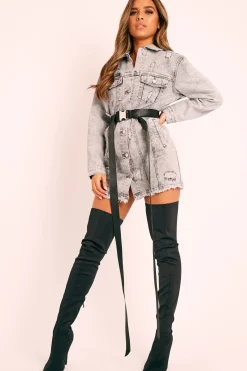 Rebellious Fashion Grey Distressed Long Sleeve Denim Shirt Dress - Jacia
