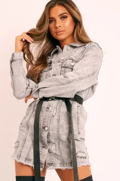 Rebellious Fashion Grey Distressed Long Sleeve Denim Shirt Dress - Jacia