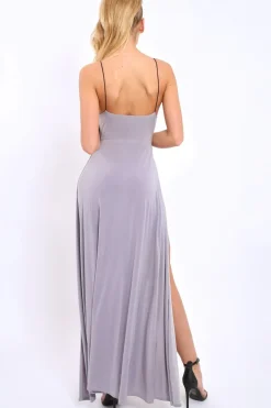 Rebellious Fashion Grey Front Split Leg Maxi Dress - Effy