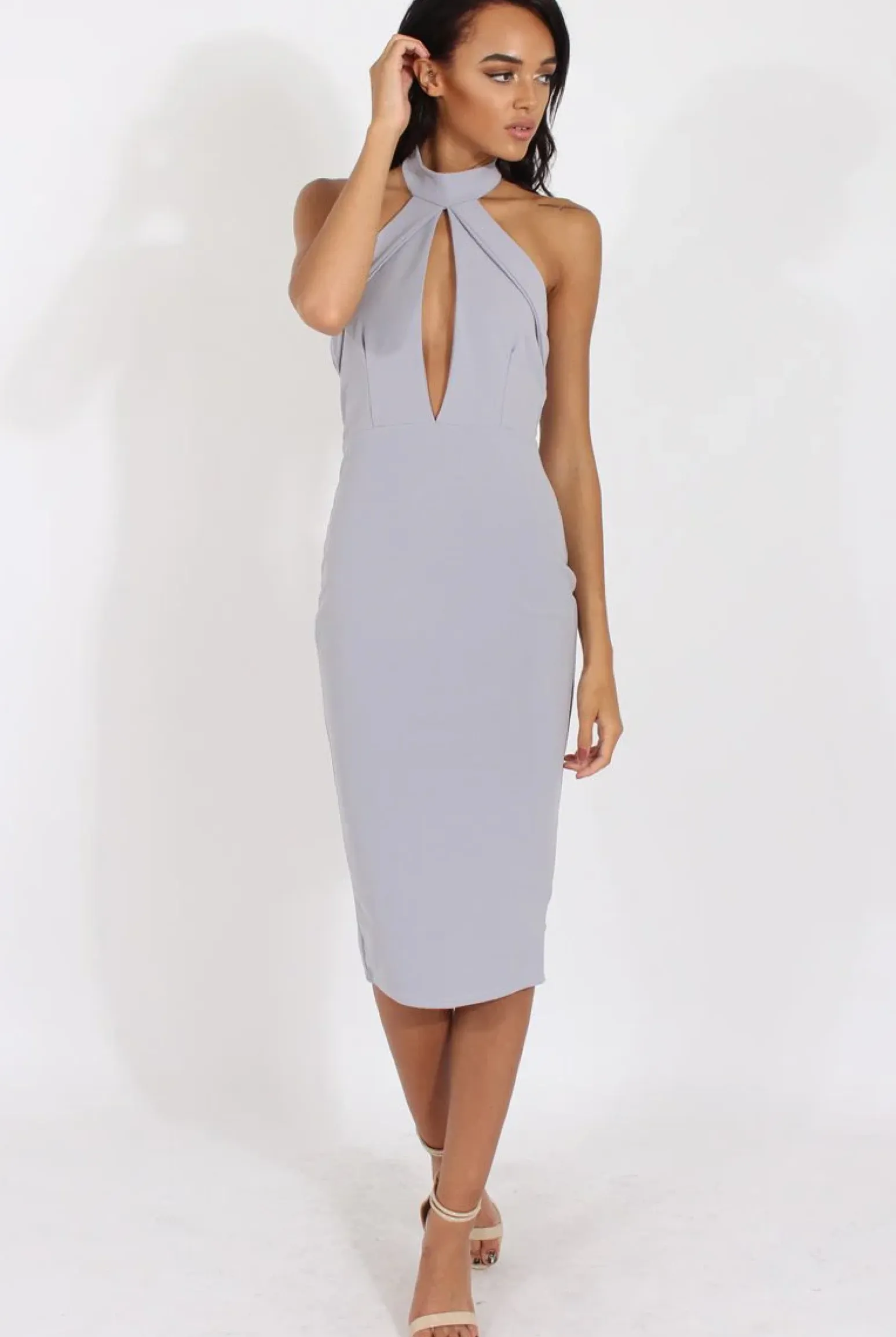 Rebellious Fashion Grey High Neck Backless Midi Dress - Petunia