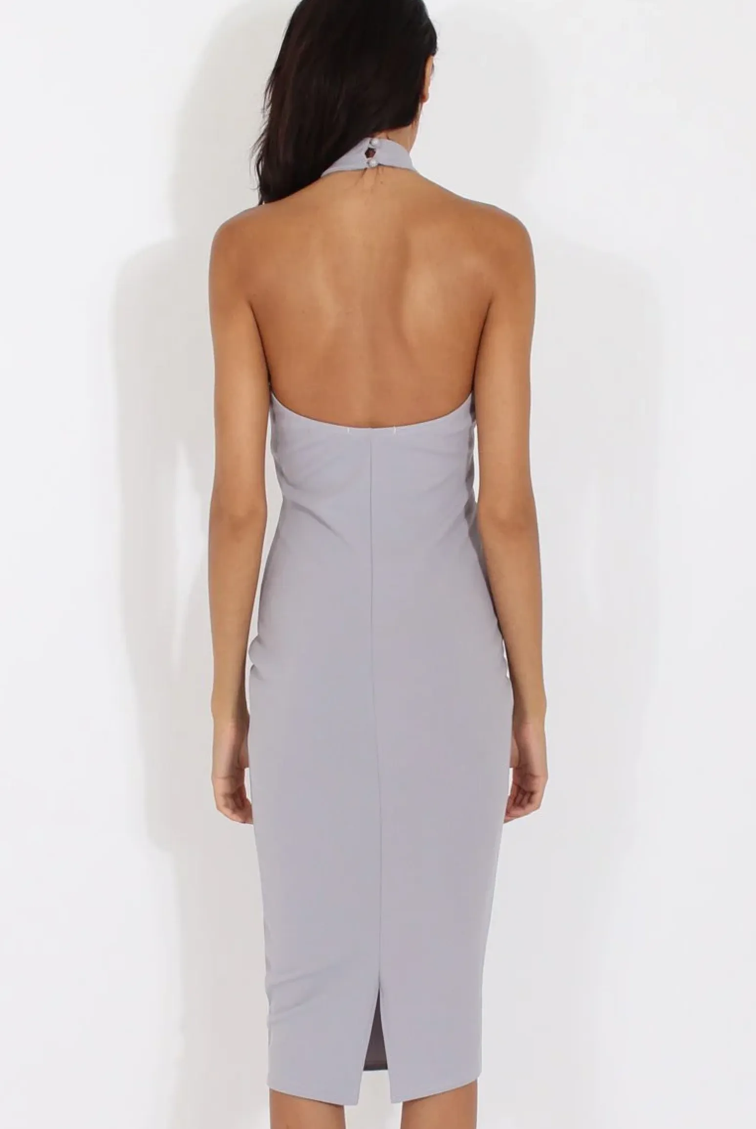 Rebellious Fashion Grey High Neck Backless Midi Dress - Petunia