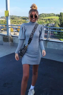 Rebellious Fashion Grey High Neck Balloon Sleeve Bodycon Jumper Dress - Ginna