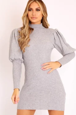 Rebellious Fashion Grey High Neck Balloon Sleeve Bodycon Jumper Dress - Ginna