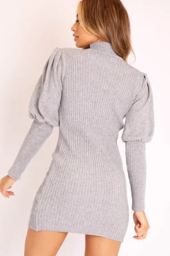 Rebellious Fashion Grey High Neck Balloon Sleeve Bodycon Jumper Dress - Ginna
