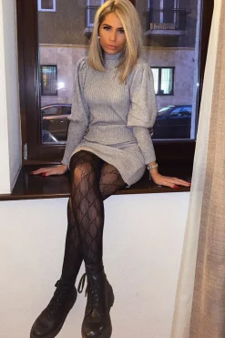 Rebellious Fashion Grey High Neck Balloon Sleeve Bodycon Jumper Dress - Ginna
