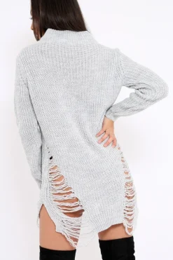 Rebellious Fashion Grey High Neck Cut Out Distressed Jumper Dress - Adalyn
