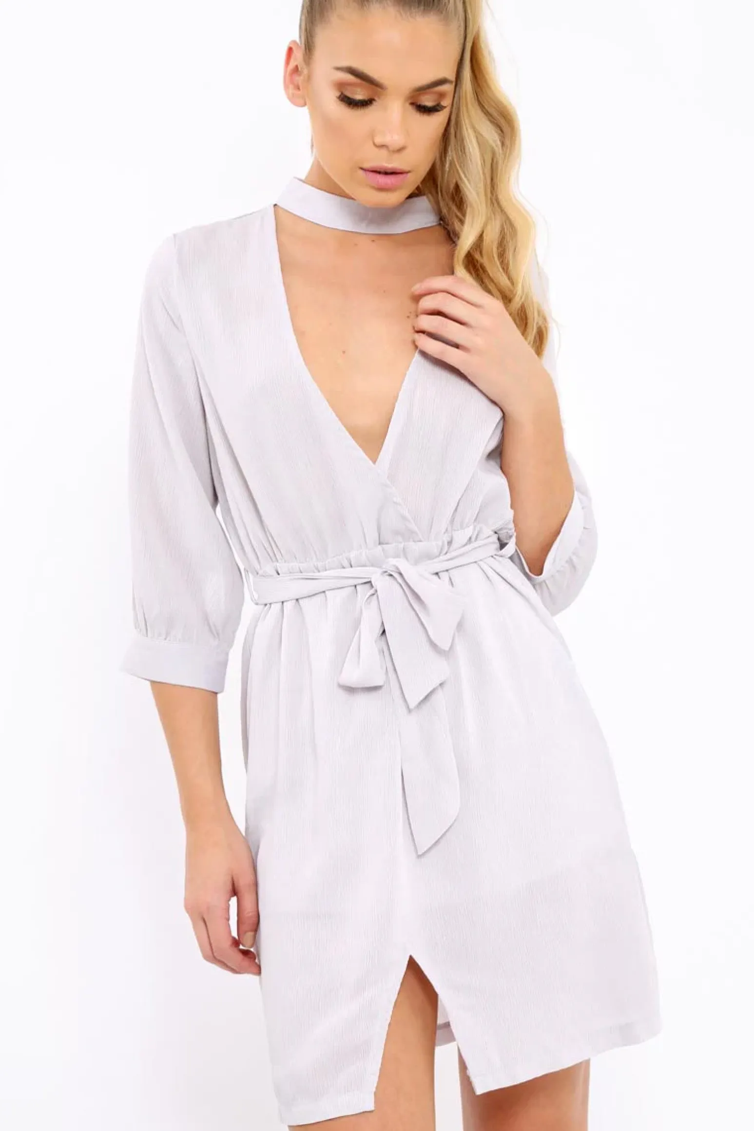Rebellious Fashion Grey High Neck Plunge Tie Waist Dress - Trinity