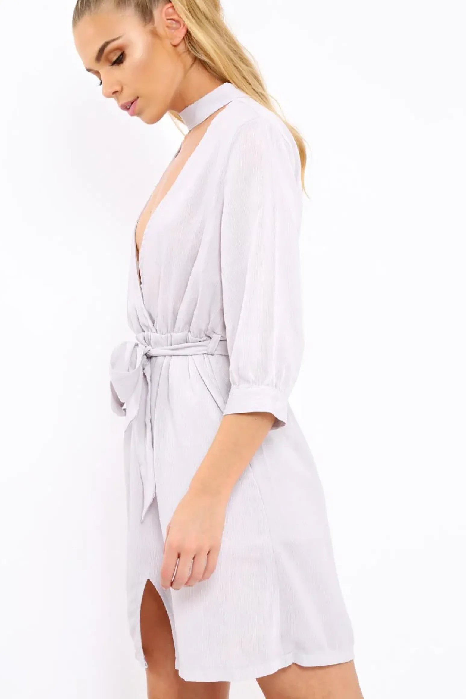Rebellious Fashion Grey High Neck Plunge Tie Waist Dress - Trinity