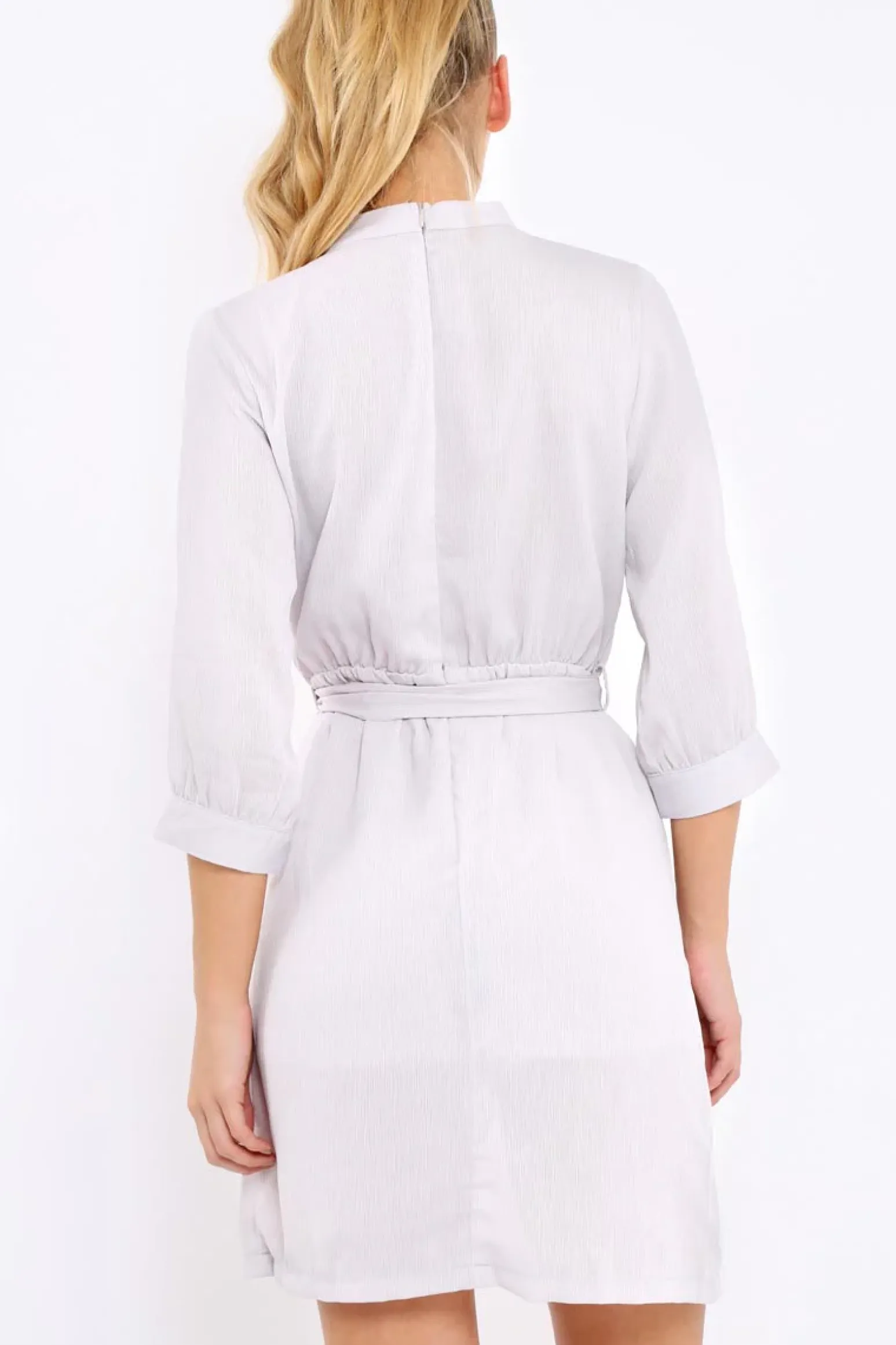 Rebellious Fashion Grey High Neck Plunge Tie Waist Dress - Trinity