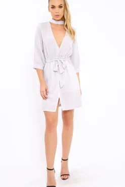 Rebellious Fashion Grey High Neck Plunge Tie Waist Dress - Trinity