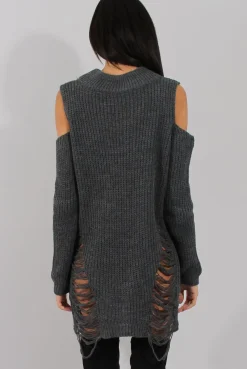 Rebellious Fashion Grey Knitted Cut Out Front Cold Shoulder Distressed Jumper Dress - Jamie