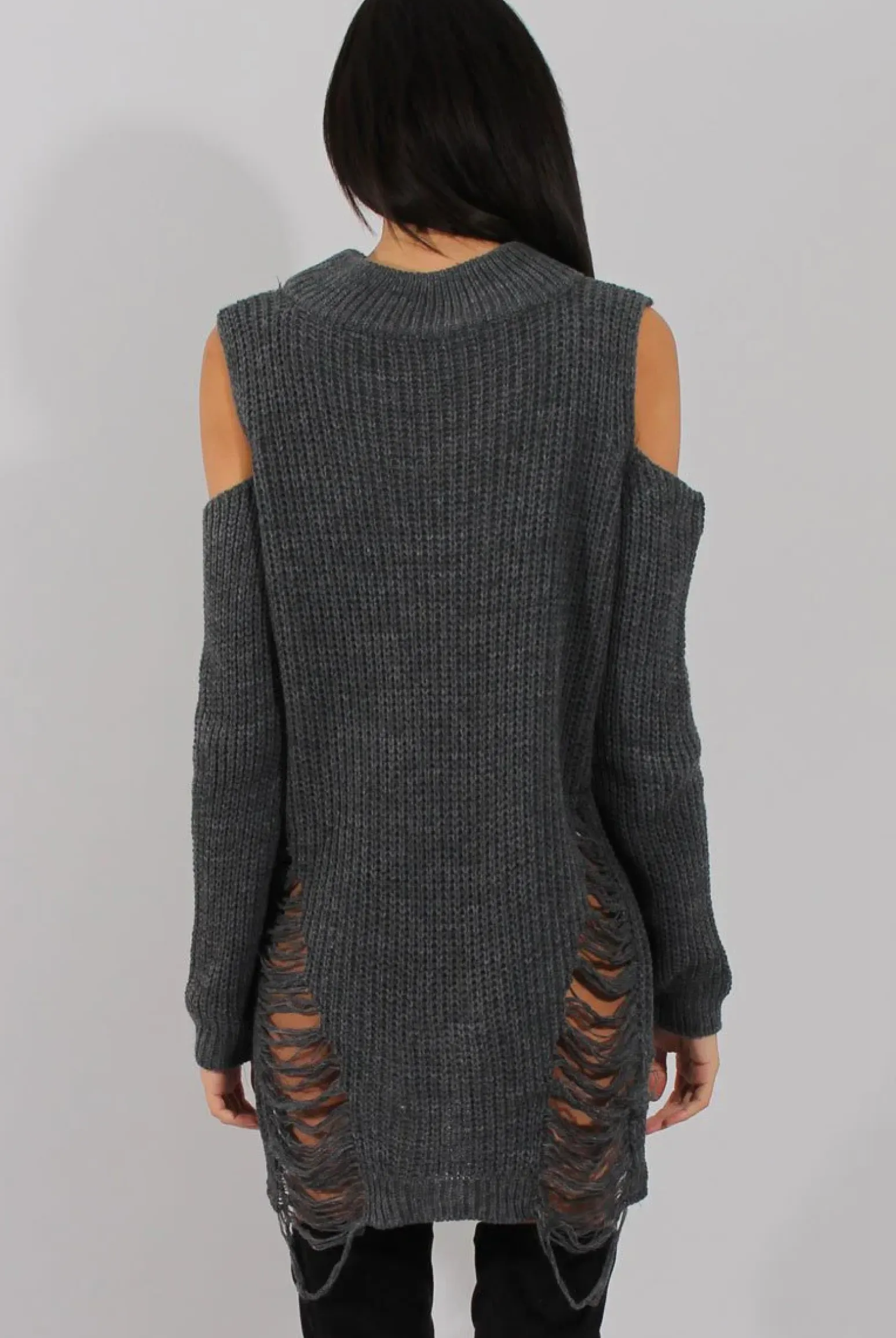 Rebellious Fashion Grey Knitted Cut Out Front Cold Shoulder Distressed Jumper Dress - Jamie