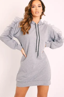 Rebellious Fashion Grey Mesh Frill Sleeve Hoodie Jumper Dress - Carlotta